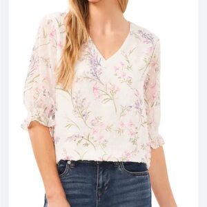 CeCe Floral Clip Dot Chiffon Top
